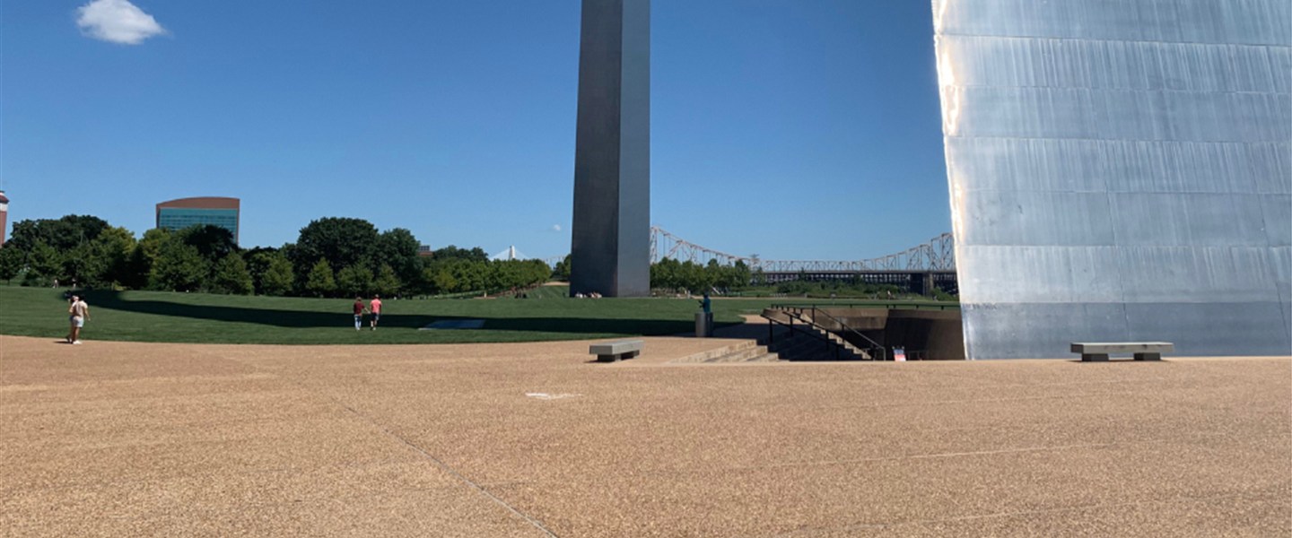 The Gateway Arch with the restored granite paver plaza in the foreground