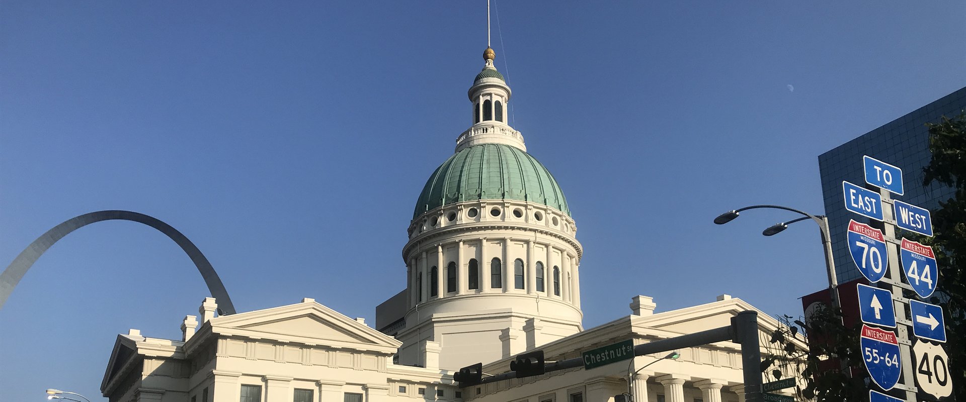 The Old Courthouse dome in St. Louis with the Gateway Arch behind it