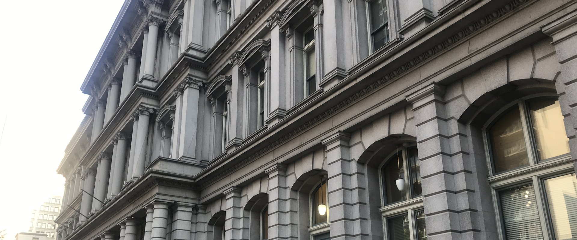 The granite facade and columns of the Old Post Office and Customs House